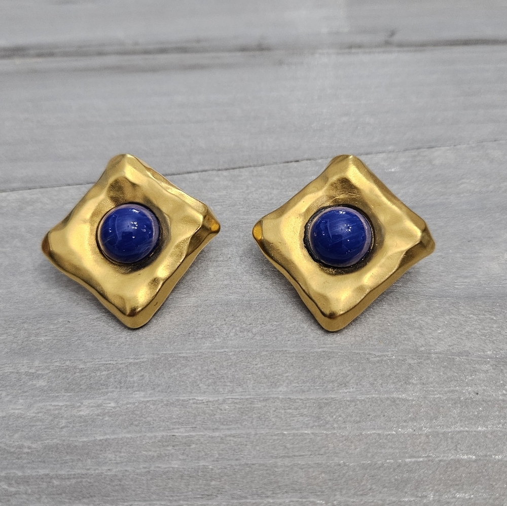 Vintage Karl Lagerfeld Signed Goldtone & Blue Stone Clip On Earrings